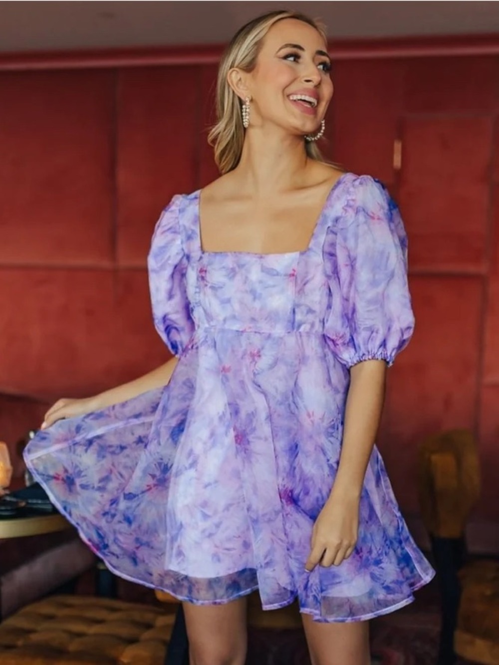 Buddy Love Lavender Floral Square-Neck Puff-Sleeve Mini Dress